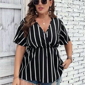 Striped Print Surplice Neck Blouse